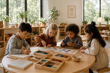 Obraz premium Group of preschooler children sitting at table in classroom learning together. Diverse kid students engaged in creative art project. Early childhood education and child development concept.