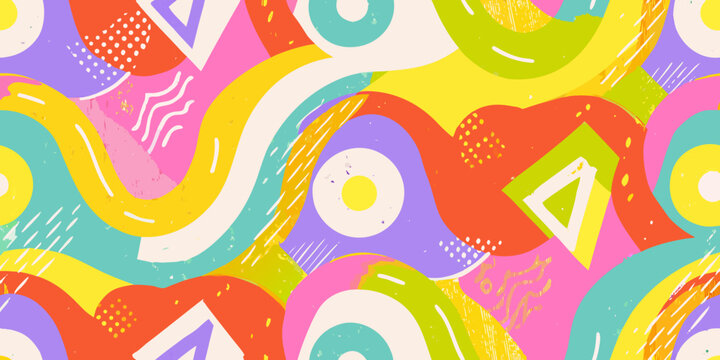 Retro abstract memphis pattern with colorful geometric shapes and lines
