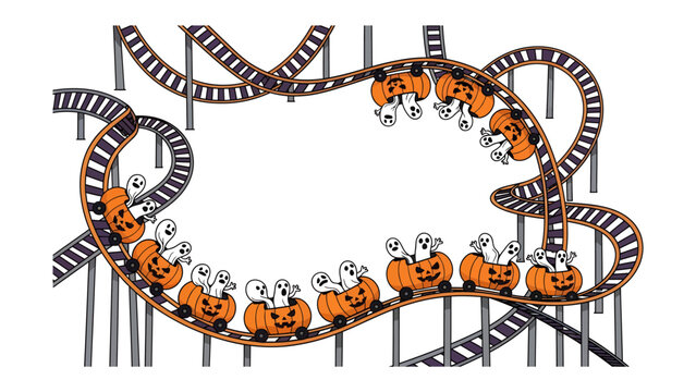 Spooky Rollercoaster Ride: A whimsical illustration depicts a thrilling rollercoaster track adorned with jack-o'-lanterns and playful ghosts, capturing the essence of Halloween fun and excitement.