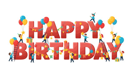 Fototapeta premium Happy Birthday Celebration Graphic: A vibrant and festive illustration depicts the words Happy Birthday in large red letters, adorned with colorful balloons, bunting.