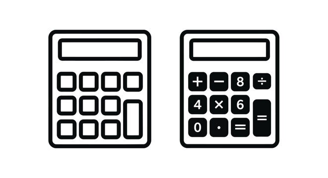 Vector calculator icons showing outline and filled versions for financial mathematics business accounting and digital computation tools on white surface.
