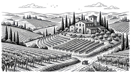 Fototapeta premium Tuscany landscape with vineyard hills and rustic stone villa