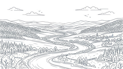 Fototapeta premium Rural landscape sketch with winding river village and forest hills