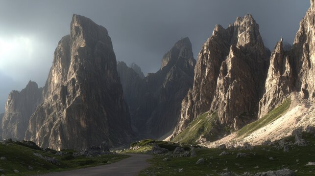 Dramatic mountain pass carved through towering peaks under a stormy sky, a rugged landscape for adventure seekers.