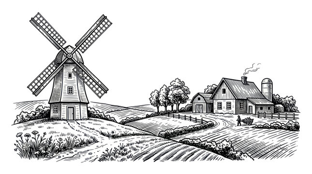 Rustic countryside landscape with historic windmill and farmhouse