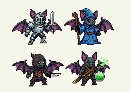 16-bit pixel art bat RPG character game sprites isolated on white