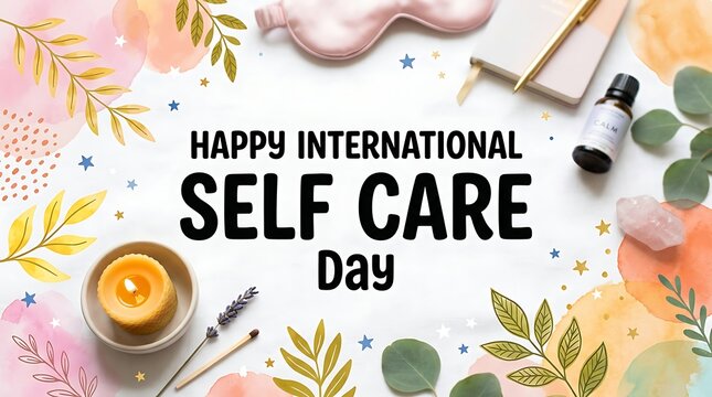 Happy international self care day celebration with candles essential oils and relaxing items flat lay