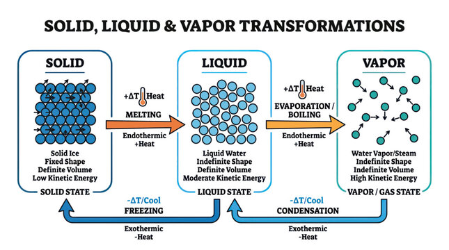 Phase changes of matter diagram showing solid liquid and gas states