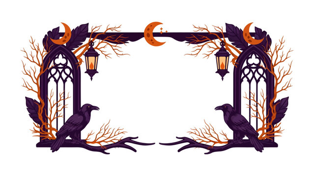 Gothic Halloween Frame: An eerie Halloween-themed frame featuring raven silhouettes, crescent moons, gothic archways, and bare branches, creating a spooky and decorative border.