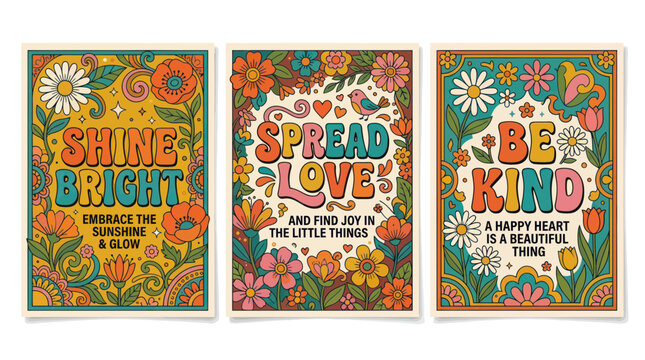 Retro groovy posters with inspirational quotes and floral patterns
