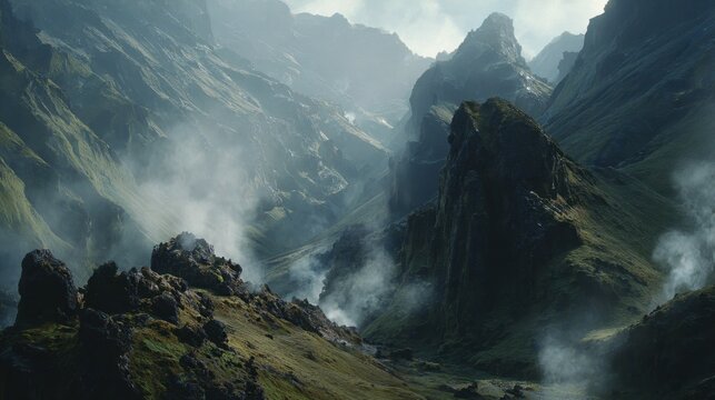 Dramatic volcanic caldera shrouded in wisps of steam, showcasing majestic mountain peaks and rugged terrain.