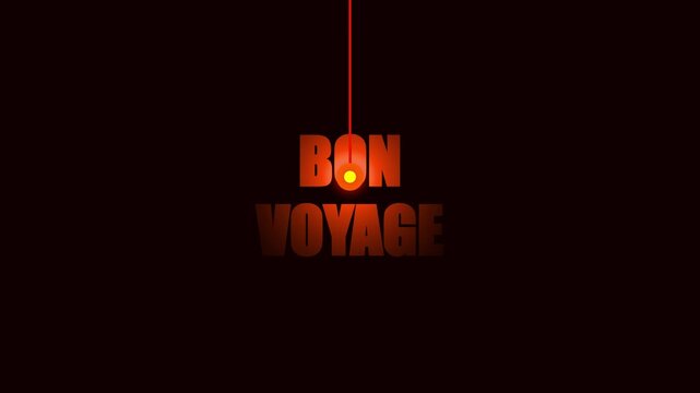 Bon Voyage text animation with glowing swinging light pendulum on dark background, travel farewell concept.