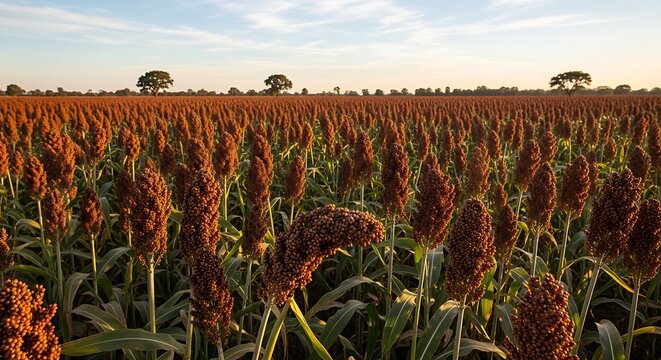 Vast field of sorghum crops under a clear sky during daytime sunlight