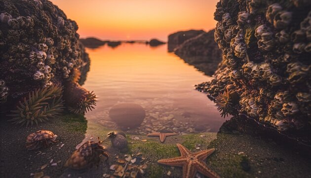 Coastal Tide Pool with Hermit Crabs and Anemones at Golden Hour with Copy Space, School Holiday Nature Discovery