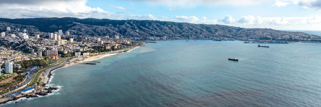 Vina del Mar in Chile with a rainbow. Beautiful aerial image of the coastline. Aerial view.