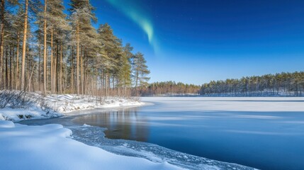 Obraz premium Aurora Borealis Over Frozen Winter Lake Landscape