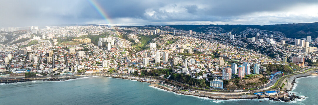 Vina del Mar in Chile with a rainbow. Beautiful aerial image of the coastline. Aerial view.