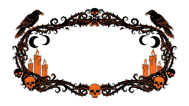 Halloween Emblem: A hauntingly beautiful emblem featuring ravens, skulls, crescent moons, and flickering candles, intricately woven into thorny branches, perfect for spooky invitations or decorations.