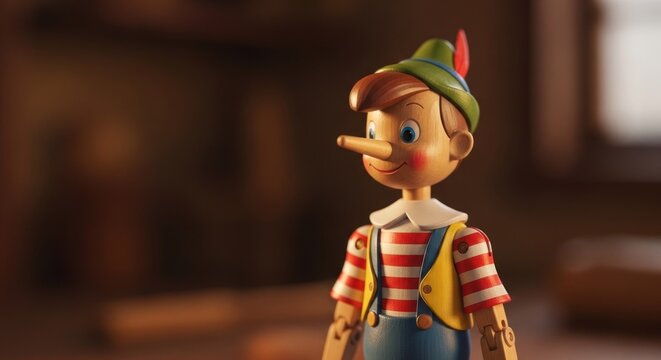 Wooden puppet toy close up studio shot selective focus cartoon character
