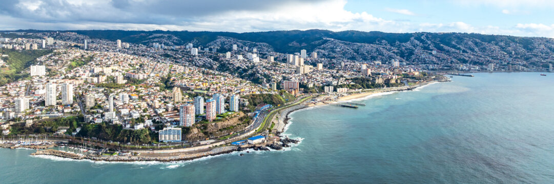 Vina del Mar in Chile with a rainbow. Beautiful aerial image of the coastline. Aerial view.