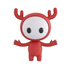 Fototapeta premium Cute 3D render Red Deer Monster character standing with arms spread in a surprised reaction, isolated on white background.