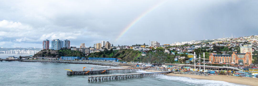 Vina del Mar in Chile with a rainbow. Beautiful aerial image of the coastline. Aerial view.