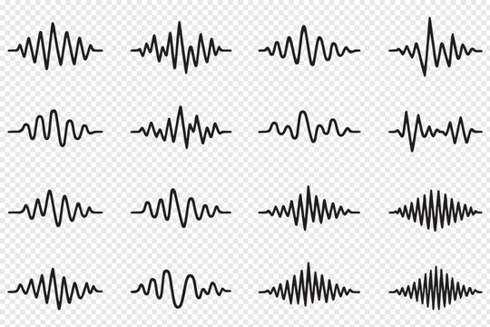 Digital soundwave collection with 20 audio frequency icons, gray scale music equalizer bars and voice recording signals, modern sonic vibration waveforms for podcasting and music production