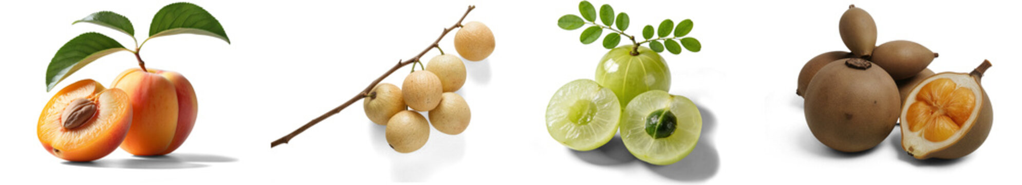 Composition of Various Fresh Ripe Fruits Isolated on Transparent Background &ndash; Realistic Apricot, Baccaurea Ramiflora, Indian Gooseberry and Mamey Sapote PNG Set. 
