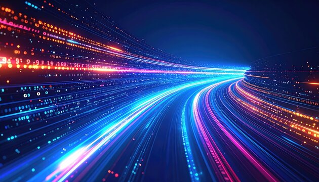 Abstract trails of light, glowing blue and red, converge to a vanishing point, suggesting speed, data, and futuristic concepts