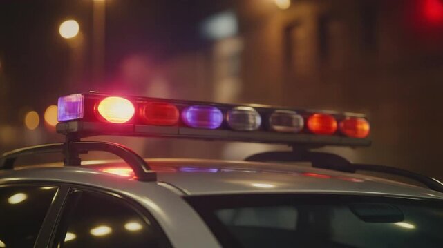 A close-up view of a police cruiser's emergency light bar illuminating with red and blue lights on a dark city street at night.