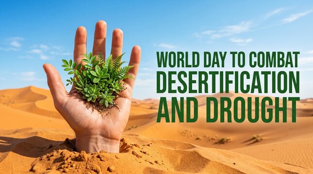 World day to combat desertification and drought concept with green saplings growing in hand over desert sand