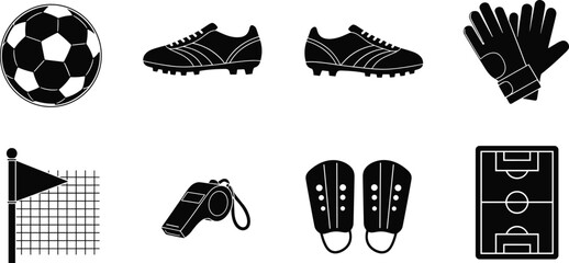 Soccer Equipment and Football Match Accessories Silhouette Icons Set © Nurjahan