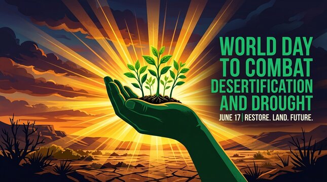 World day to combat desertification and drought concept with green plant in hand and sunset background