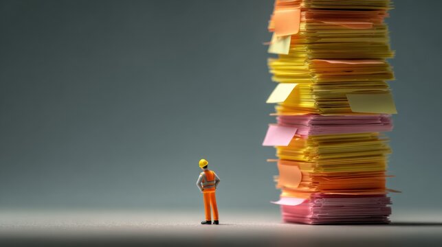 A tiny construction worker stands before a towering stack of colorful sticky notes, symbolizing immense tasks and challenges. The scene evokes a sense of being overwhelmed by workload and projects.