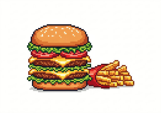 Retro pixel art double cheeseburger and french fries game asset isolated