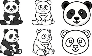 Obraz premium Panda Flat Style Vector Illustration Set with Colored and Outline Design on Transparent Background