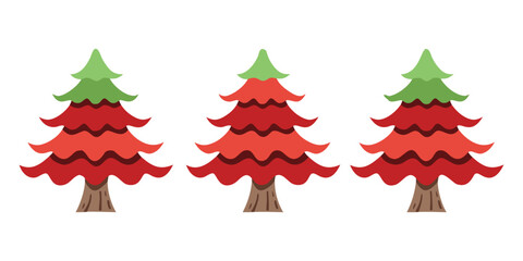 Fototapeta premium Three red and green Christmas pine trees vector illustration isolated on white background.