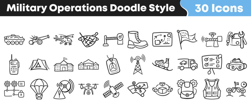 Set of thirty hand drawn military operations doodle style icons