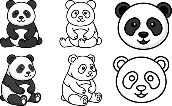 Panda Flat Style Vector Illustration Set with Colored and Outline Design on Transparent Background