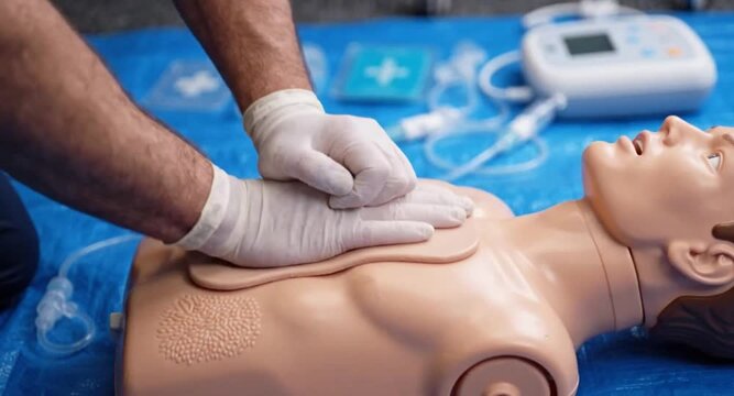 Close-up of gloved hands performing rhythmic chest compressions on a medical training mannequin during a first aid simulation, static shot.