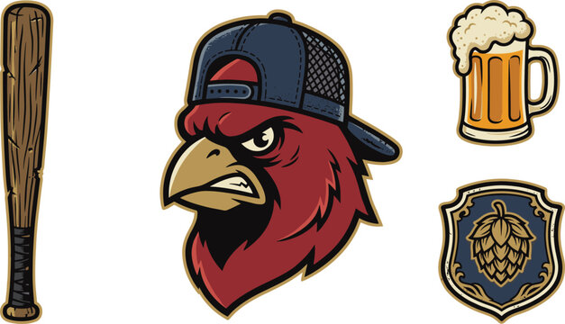 Angry Cardinal Bird Mascot Vector Set with Baseball Bat Snapback Hat Beer Mug and Hops Shield Emblem for Sports Team Branding and Craft Brewery Logos