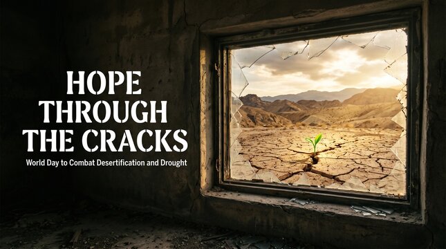 Poster with a sprout in dry soil for World Day to Combat Desertification and Drought.