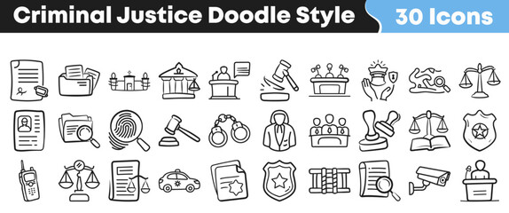 Fototapeta premium Hand drawn collection of various criminal justice and legal icons