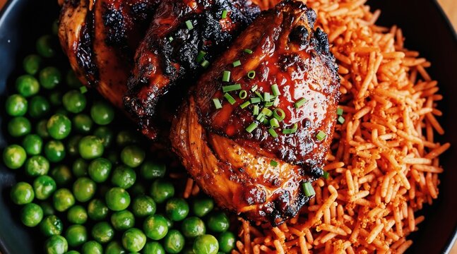 Close-up of glazed jamaican jerk chicken with vibrant red rice and green peas. Savory meat is garnished with fresh chives, appealing to food lovers.