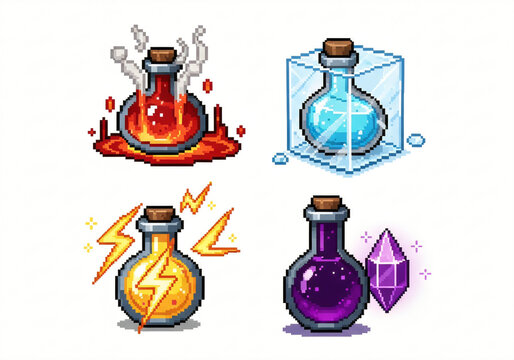 16-bit pixel art magic potion game sprite set isolated on white