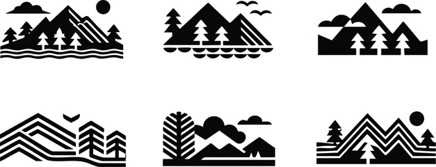 Collection of minimalist mountain landscape icons simple vector illustrations for nature and travel themes isolated on white © aftab