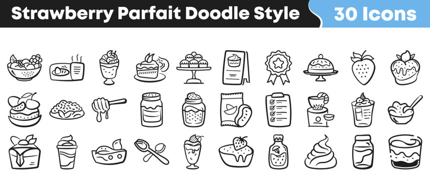 Set of thirty hand drawn strawberry parfait dessert food icons