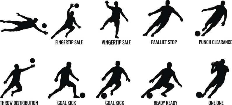 Soccer Goalkeeper Actions and Football Keeper Saves Silhouette Icons Set