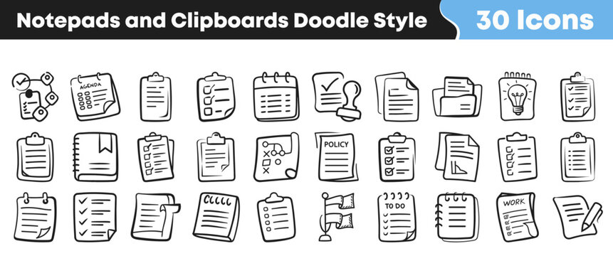 Set of thirty hand drawn doodle style office notepad icons