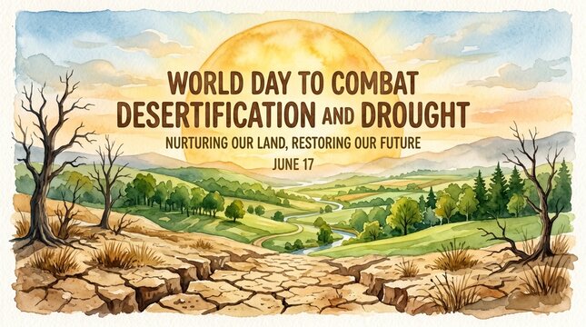 Illustration for World Day to Combat Desertification and Drought with dry cracked ground and leafless trees